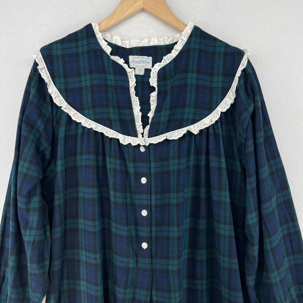 LANZ OF SALZBURG Nightgown L Flannel Blackwatch Plaid Popover Dress Cotton Green